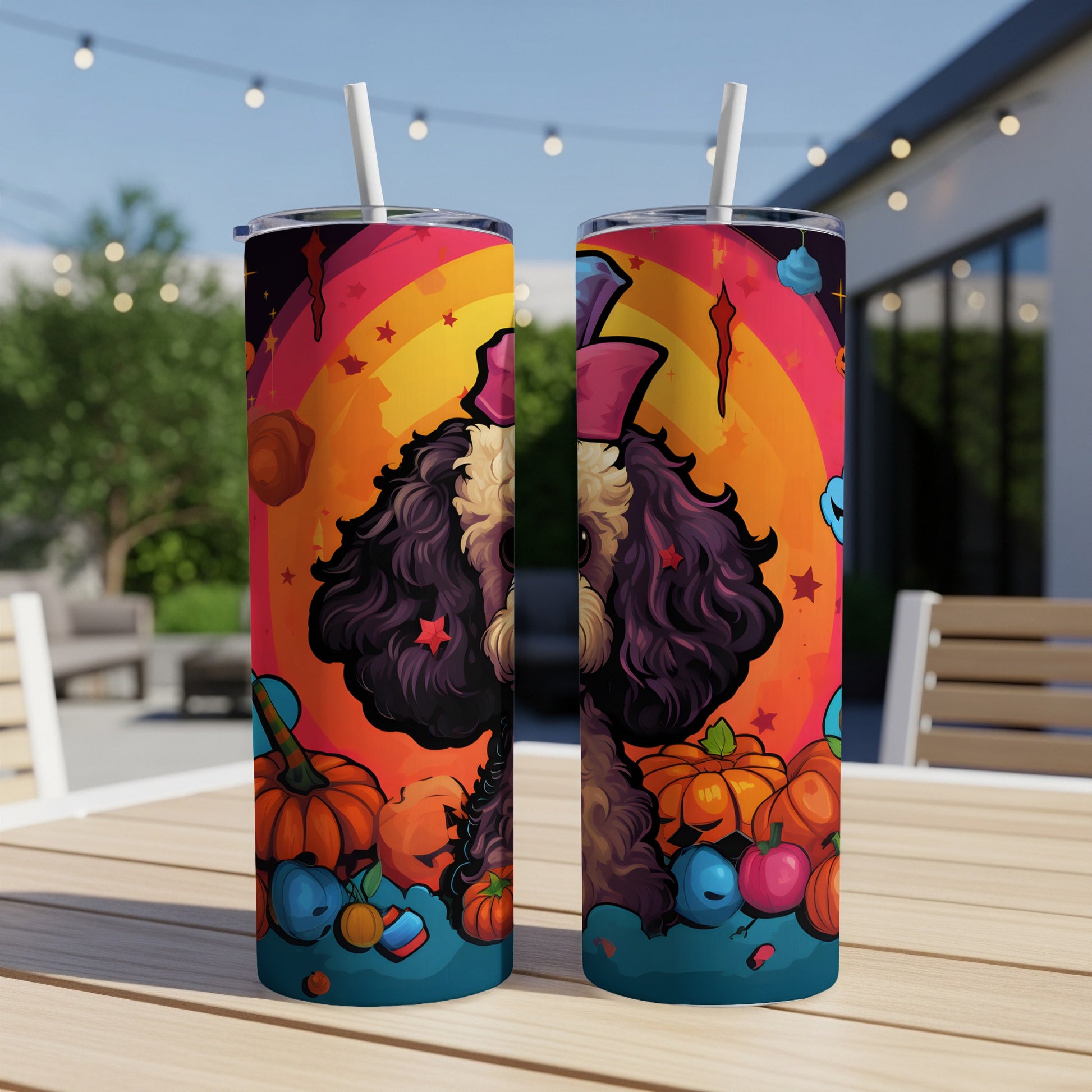 Two tumblers with a cartoon dog, pumpkins, and colorful rainbow design.