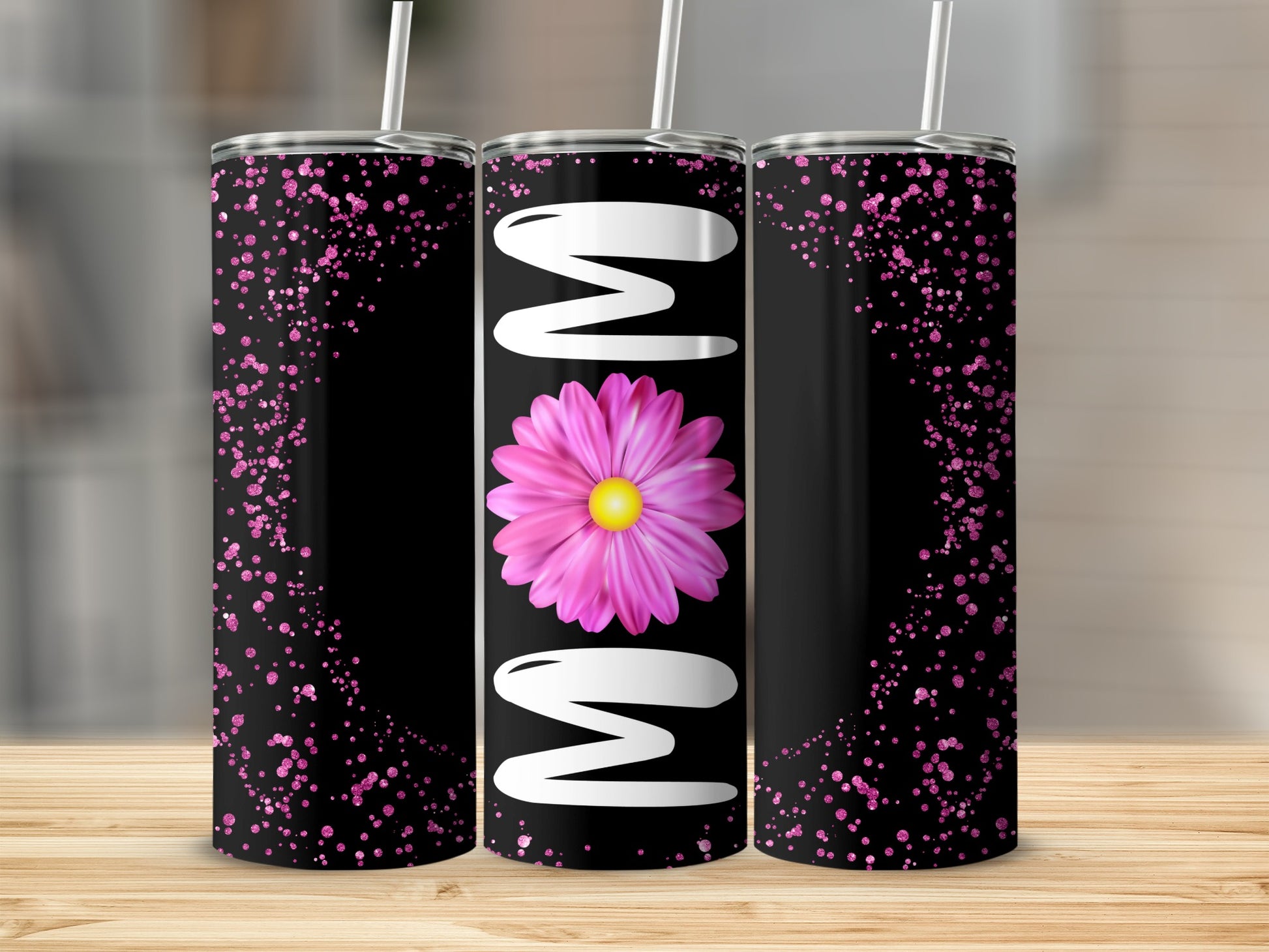 Custom Floral Monogram Black Tumbler with Pink Accents