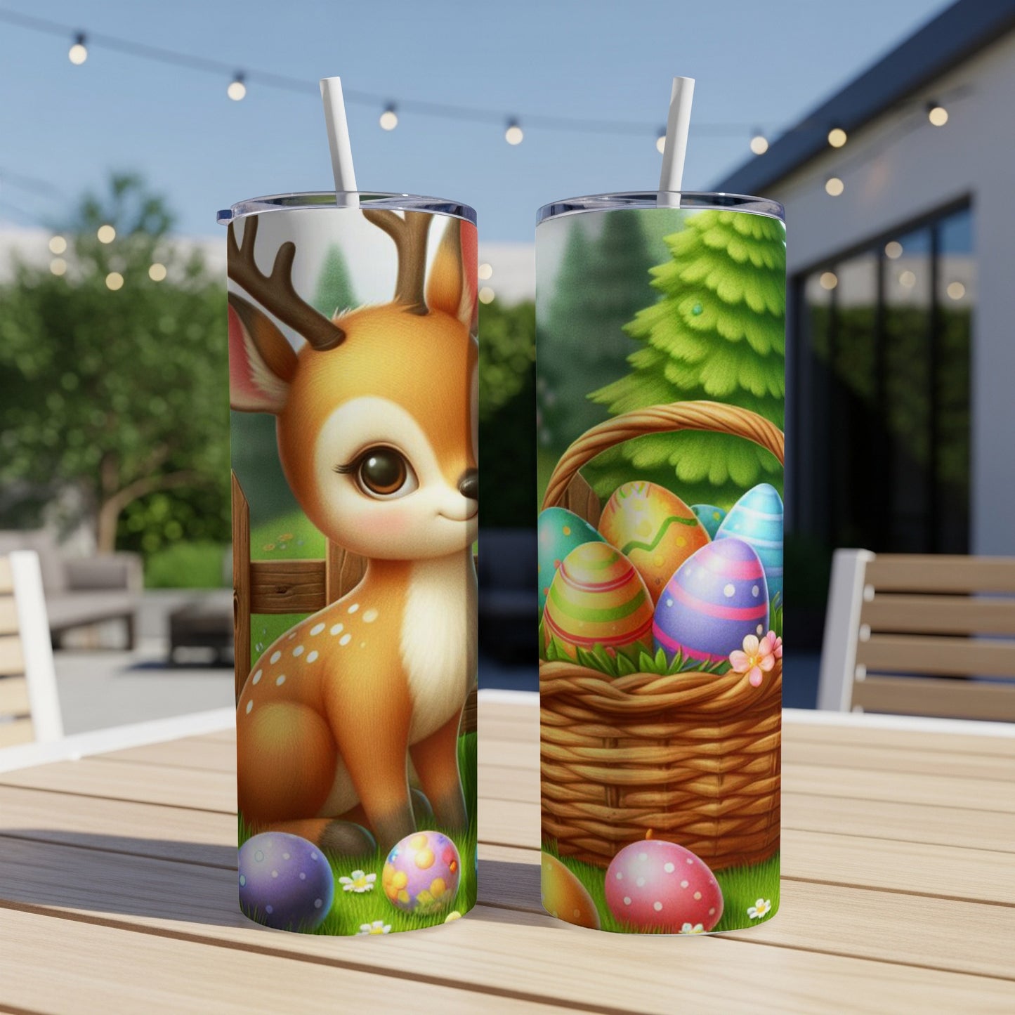 Easter tumbler with a fawn and a basket of colorful eggs.