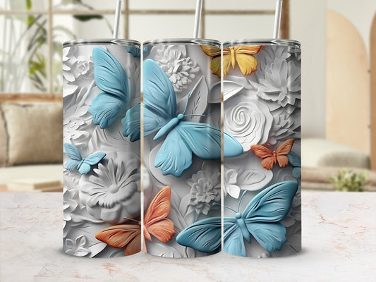 3D butterflies and floral embossed tumbler with straw.