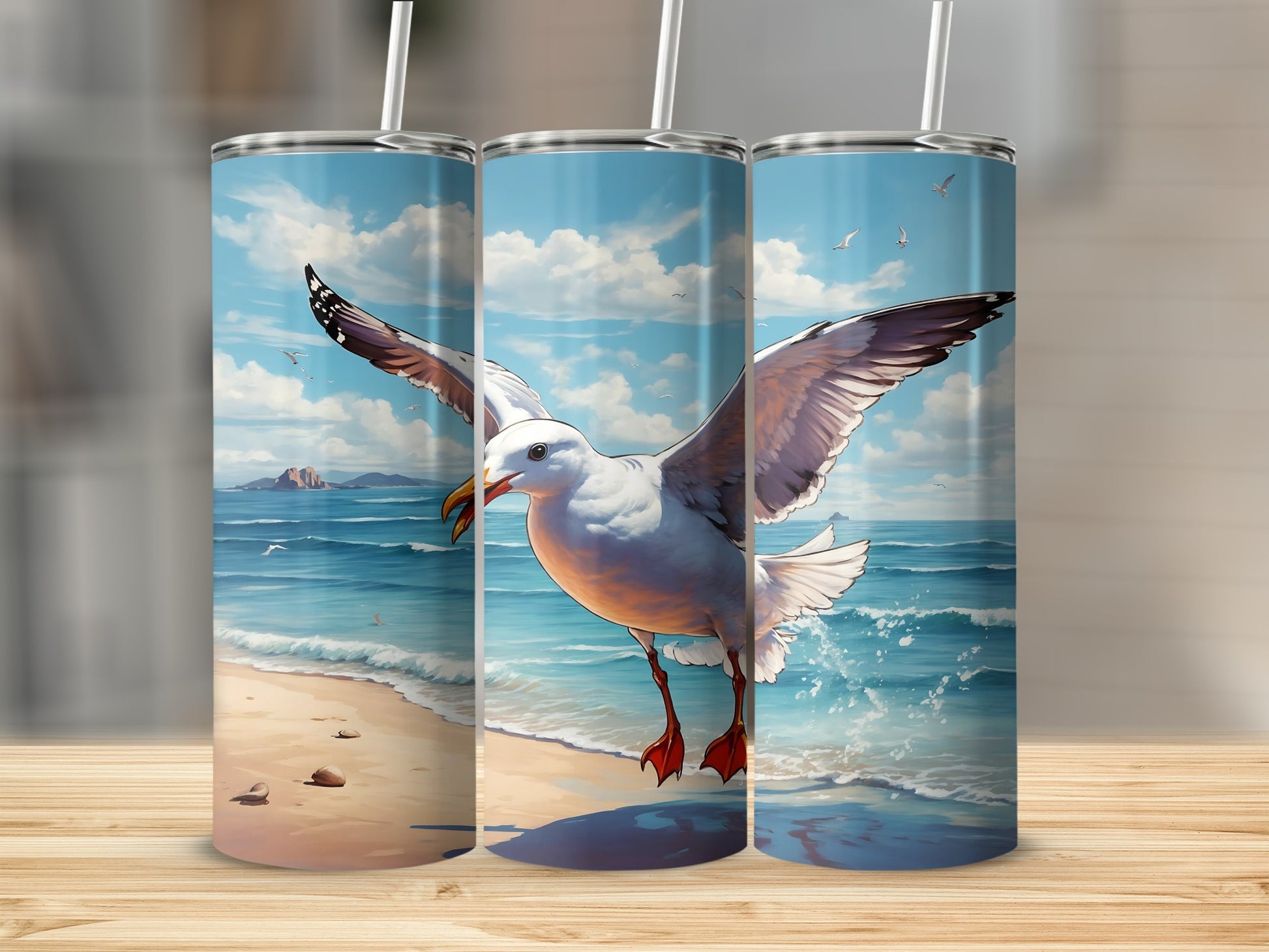 Seagull flying over ocean waves on a beach, shown on three tumblers.