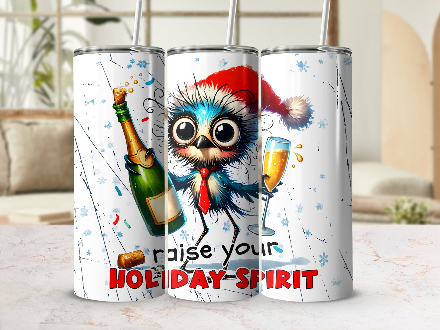 Festive bird in Santa hat with champagne bottle, raises holiday spirit tumbler.