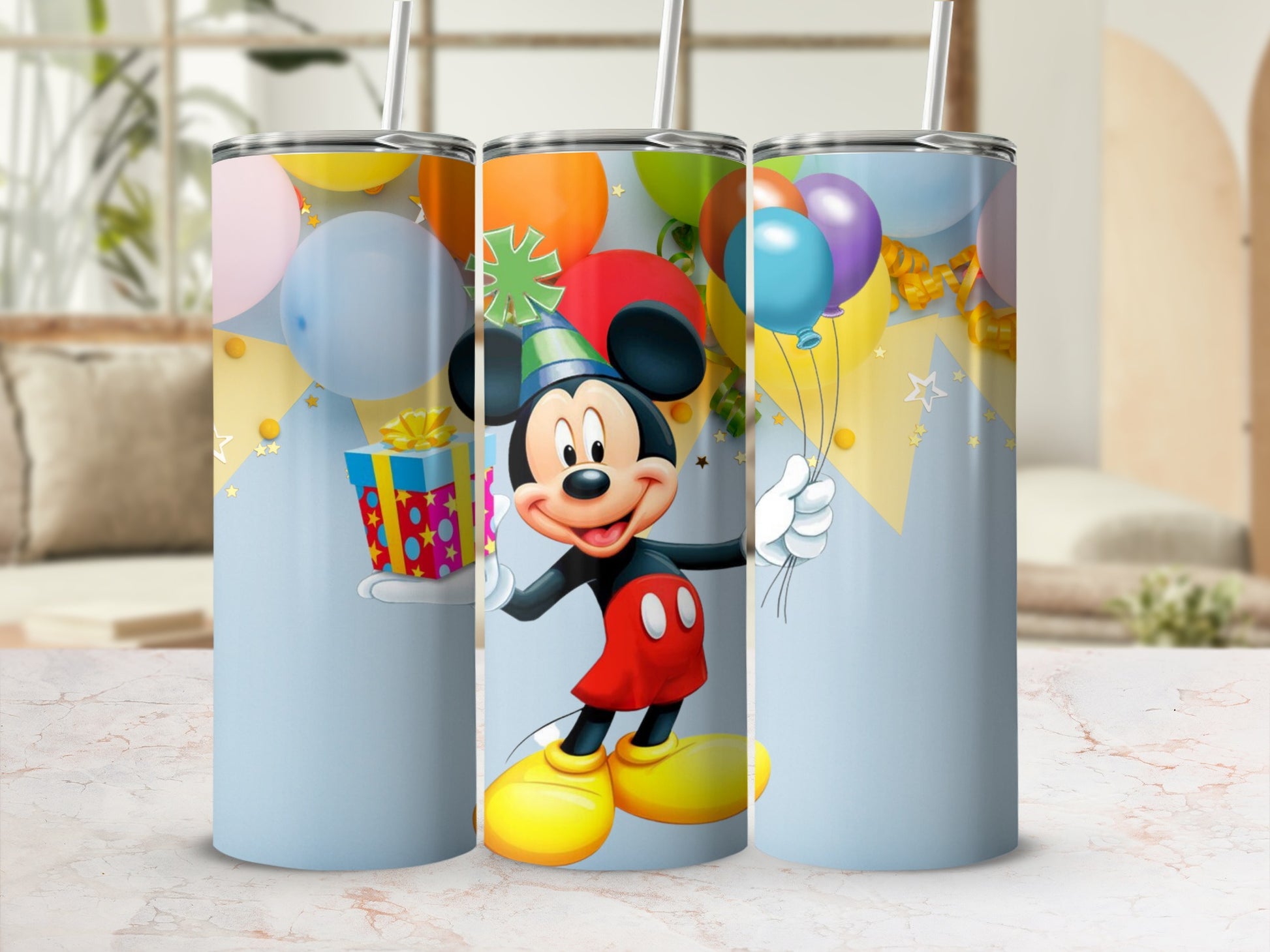 Mickey Mouse Tumbler with Balloons and Gifts Design