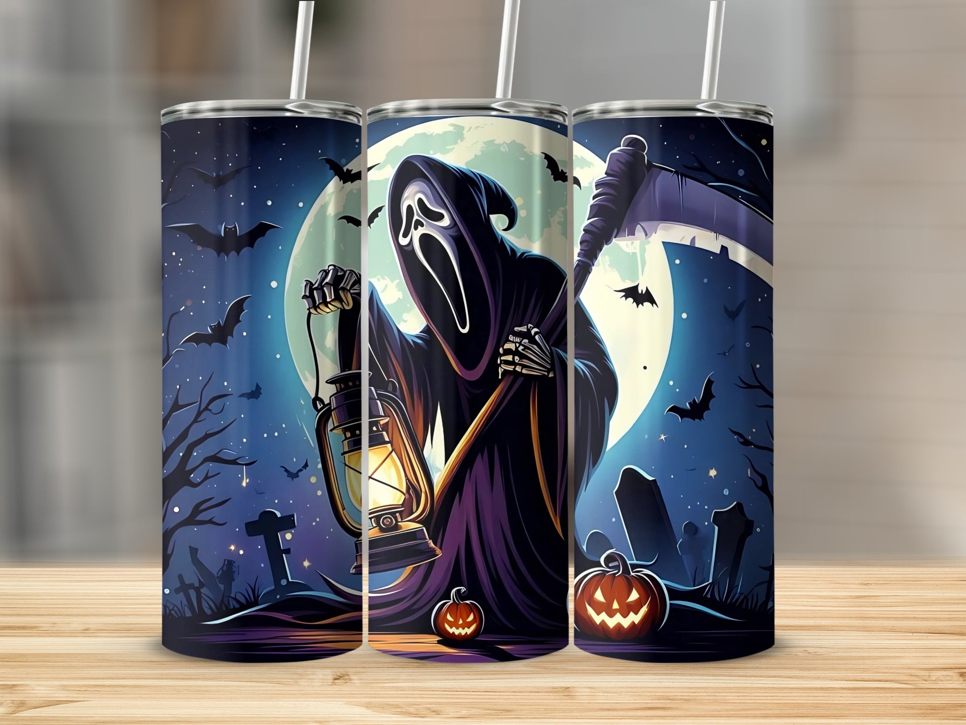 Grim reaper holding a lantern with pumpkins, bats, and gravestones under a full moon.