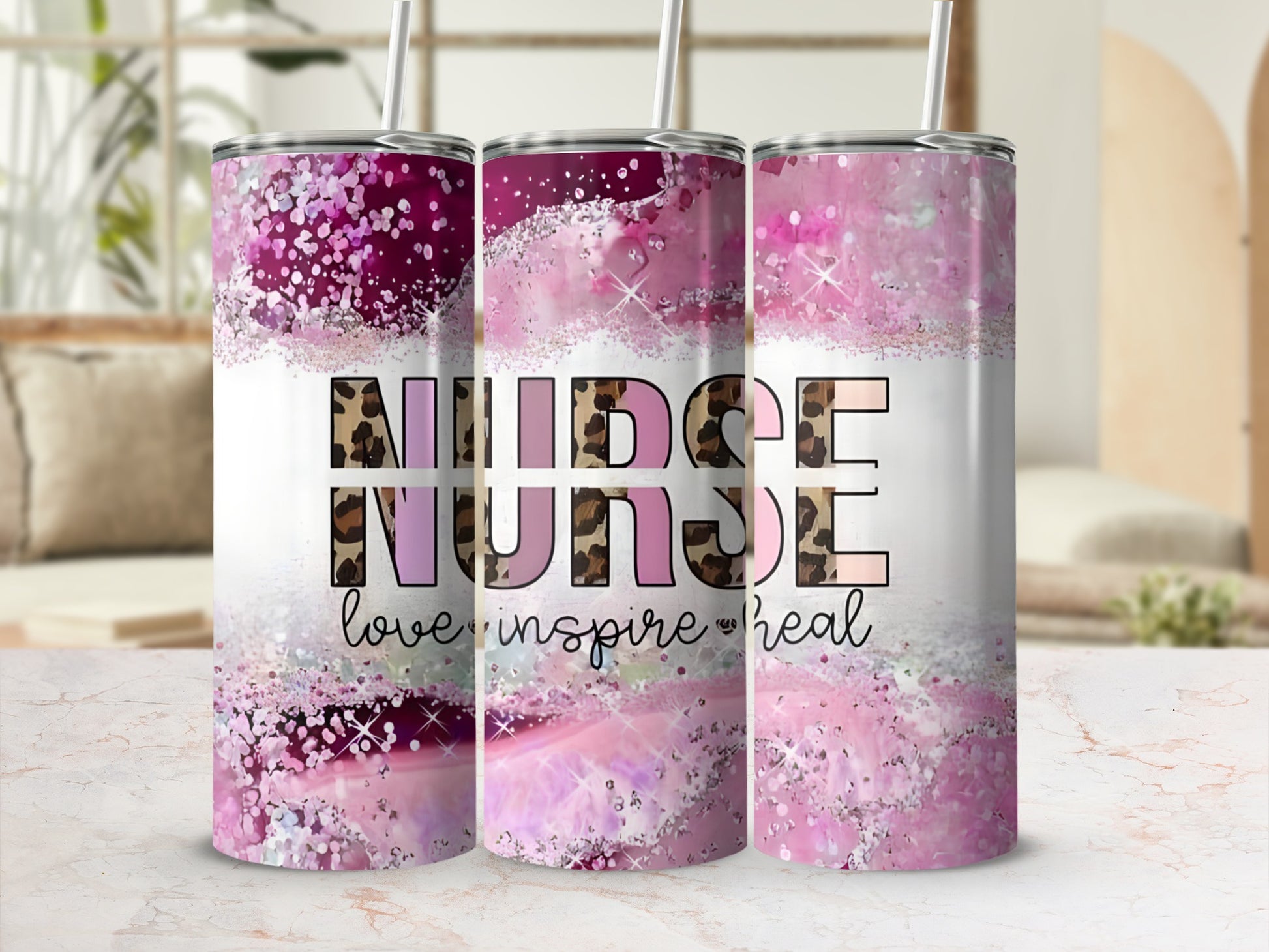 Tumbler with "Nurse love inspire heal" text and pink glitter design.