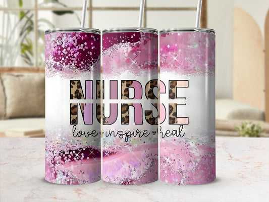 Tumbler with "Nurse love inspire heal" text and pink glitter design.
