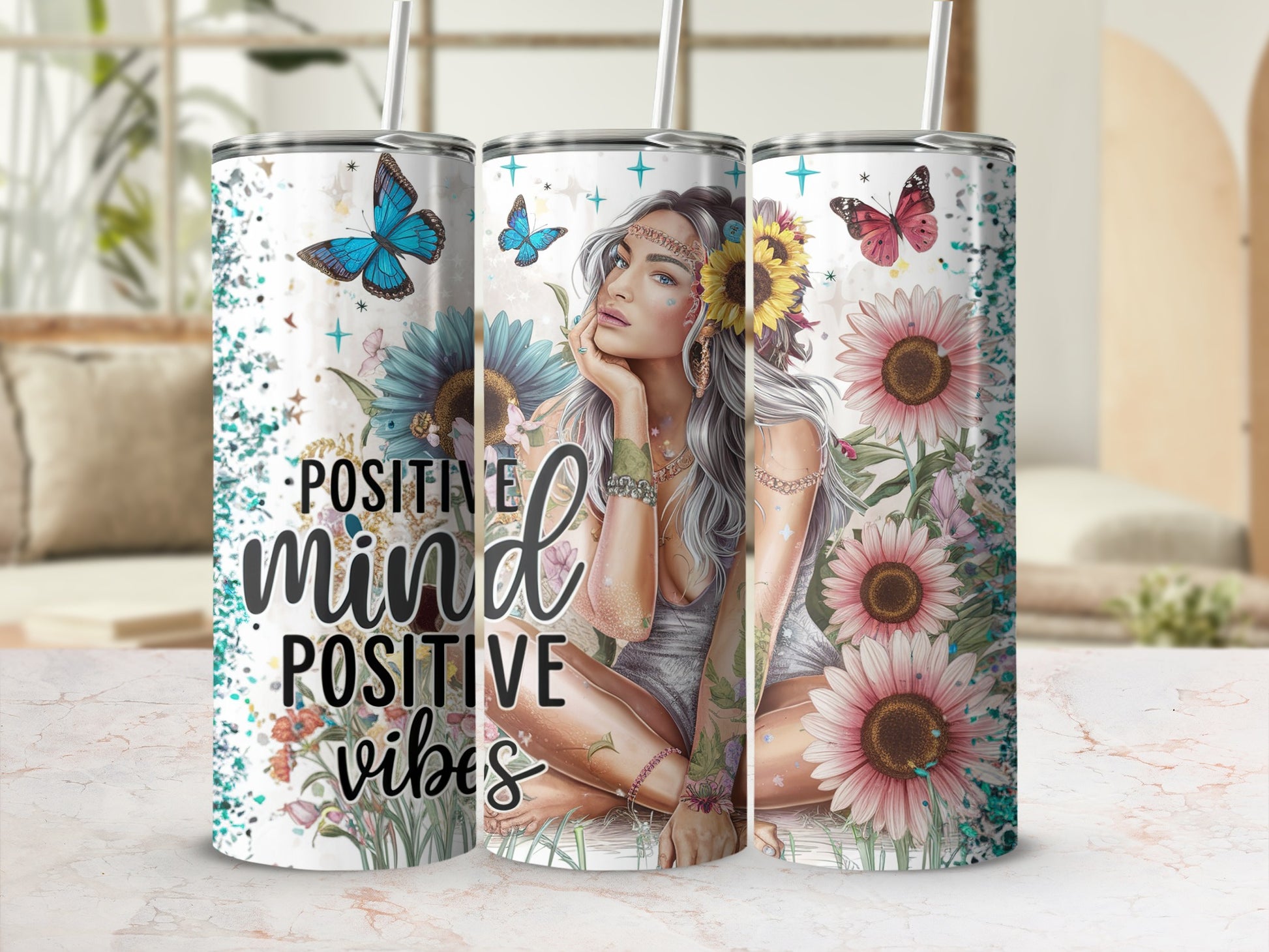 Positive Mind Positive Vibes Floral Art Tumbler Cup