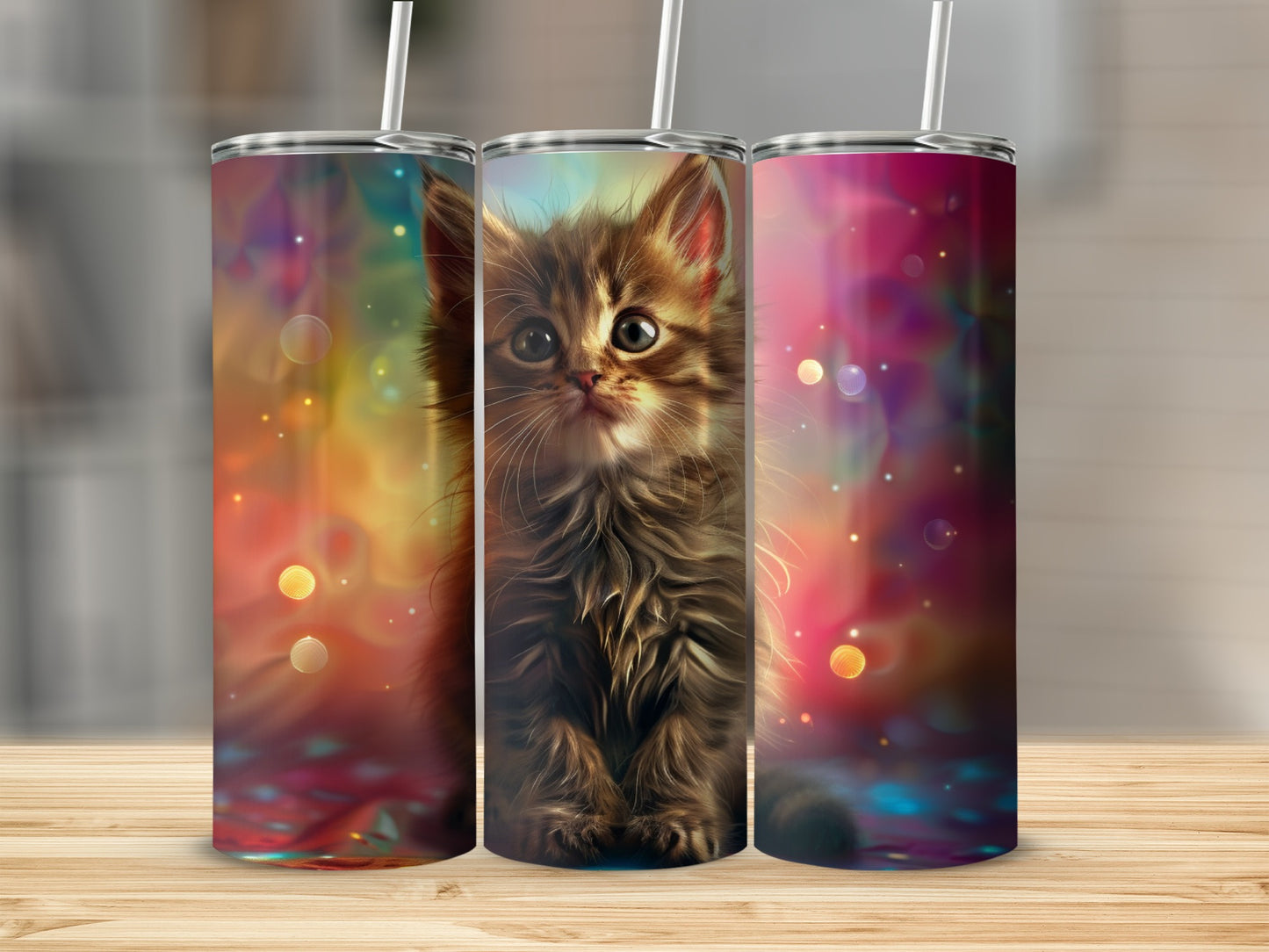 Fluffy kitten with colorful bokeh background on a tumbler.