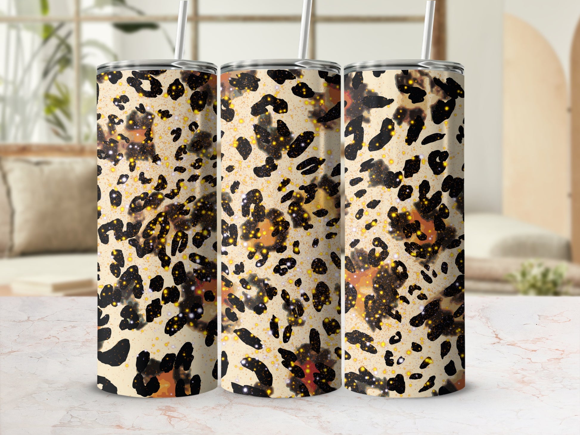 Leopard Print Splatter Tumbler Cup with Straw