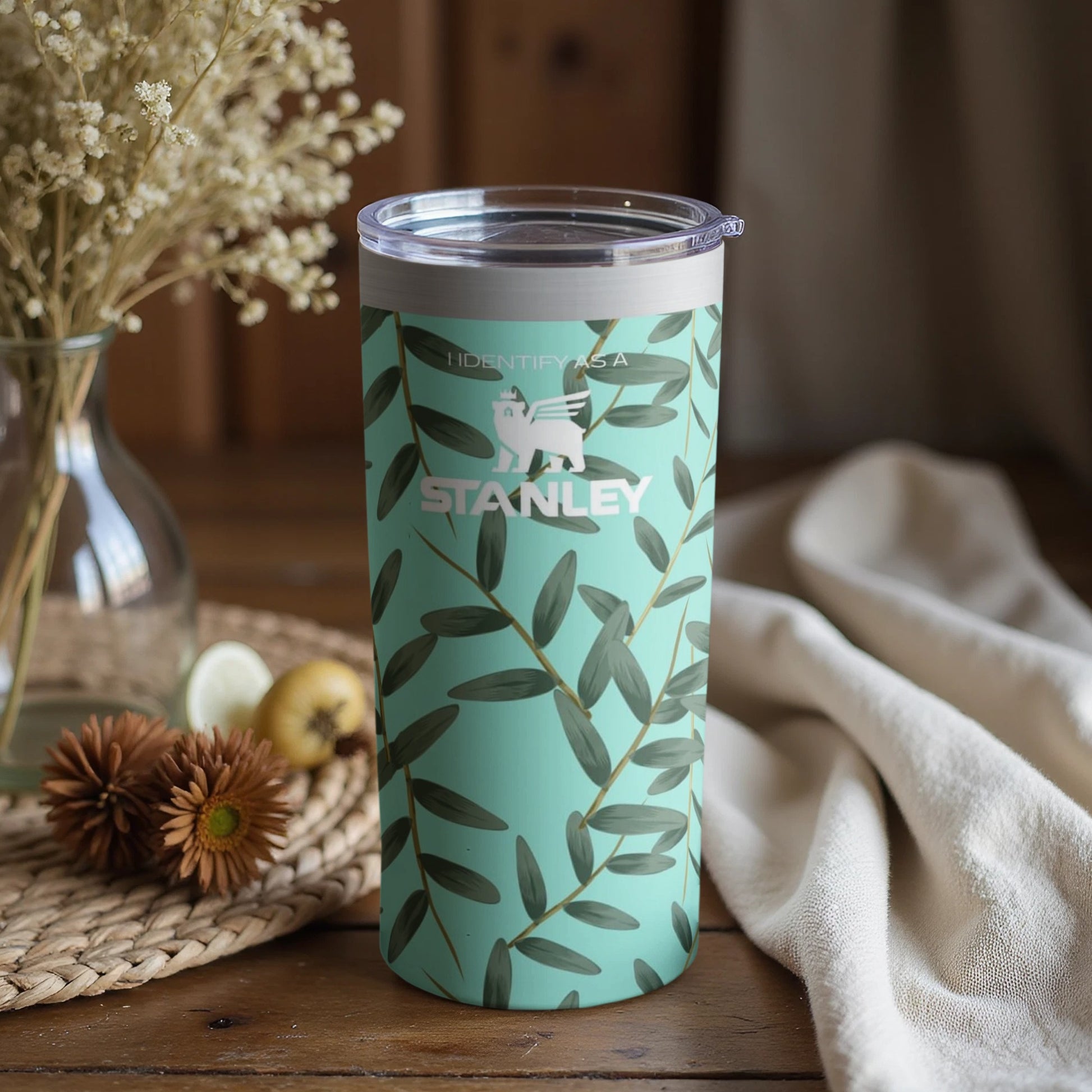 Leafy Green Stanley Tumbler with Artistic Nature Design