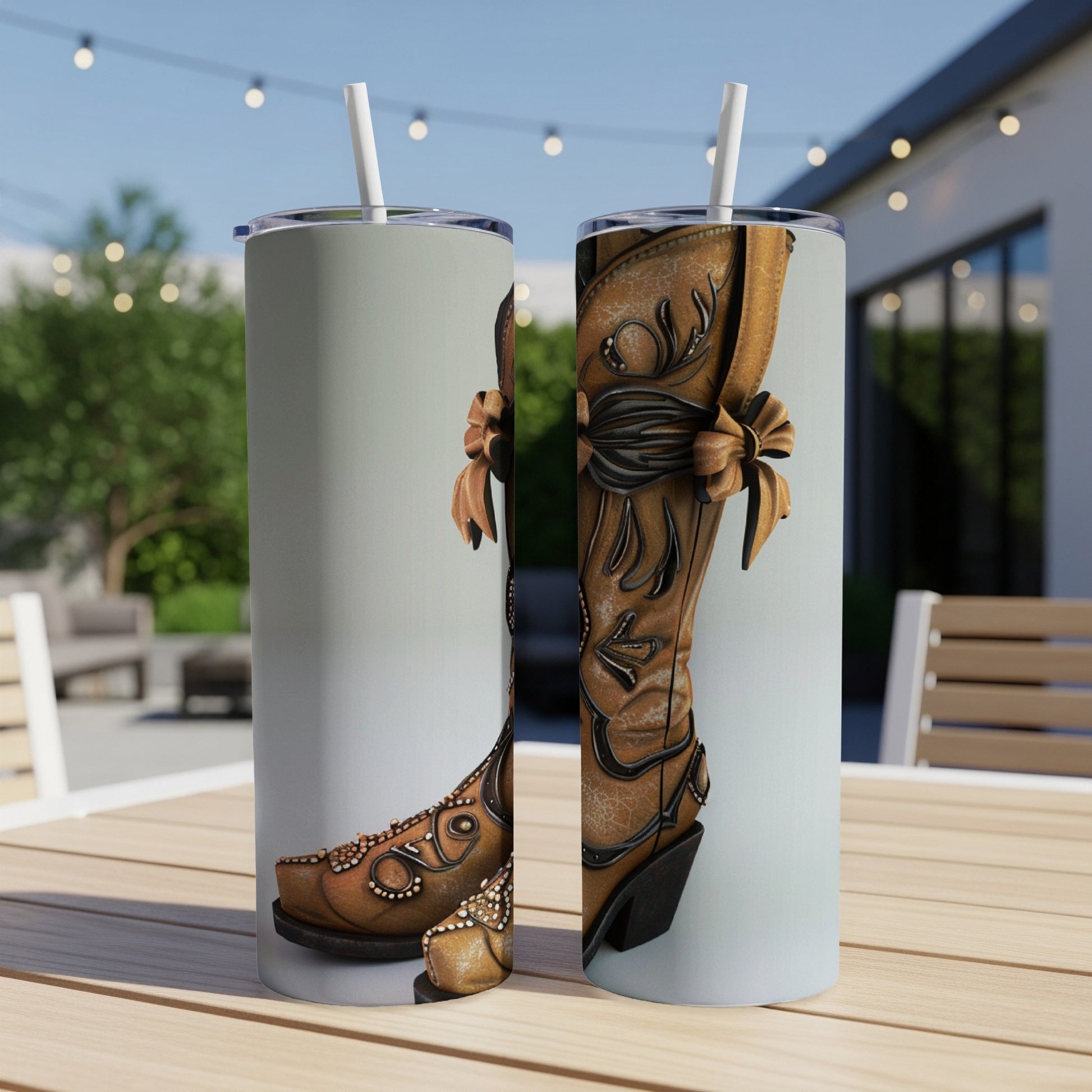 Two tall cowboy boots with ornate detailing and a bow accent.