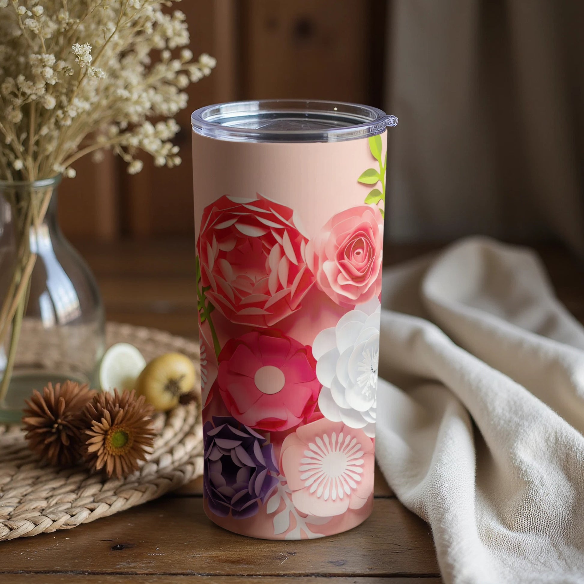 Floral Pattern Drinkware Tumbler with Lid and Straw