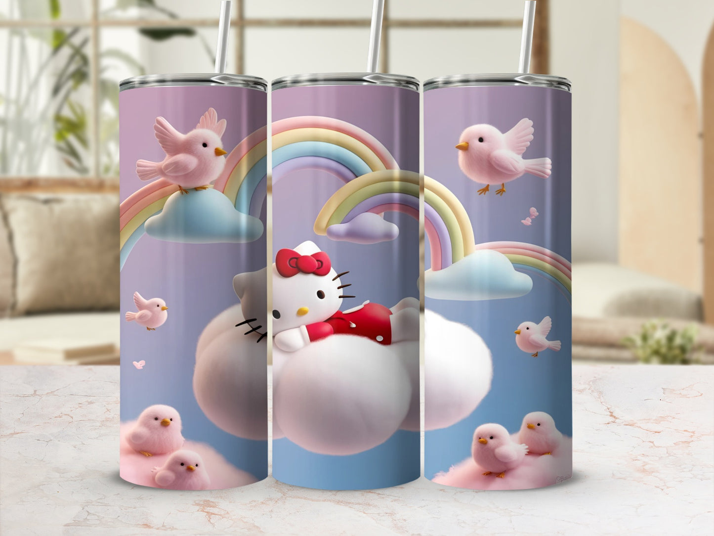 Hello Kitty on clouds with rainbows and birds.