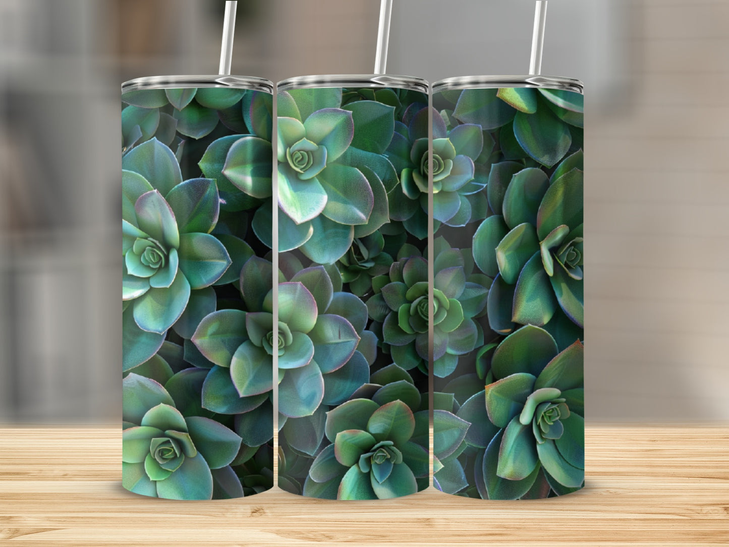 Three tumblers with a green succulent plant pattern.