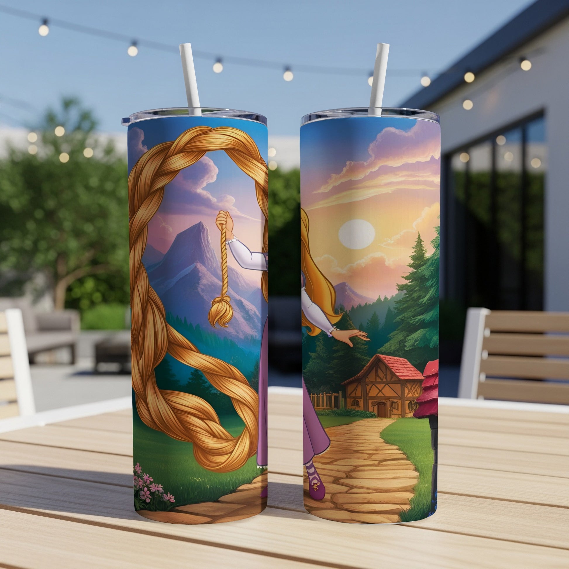 Tangled-themed tumbler with Rapunzel's hair and castle scene.