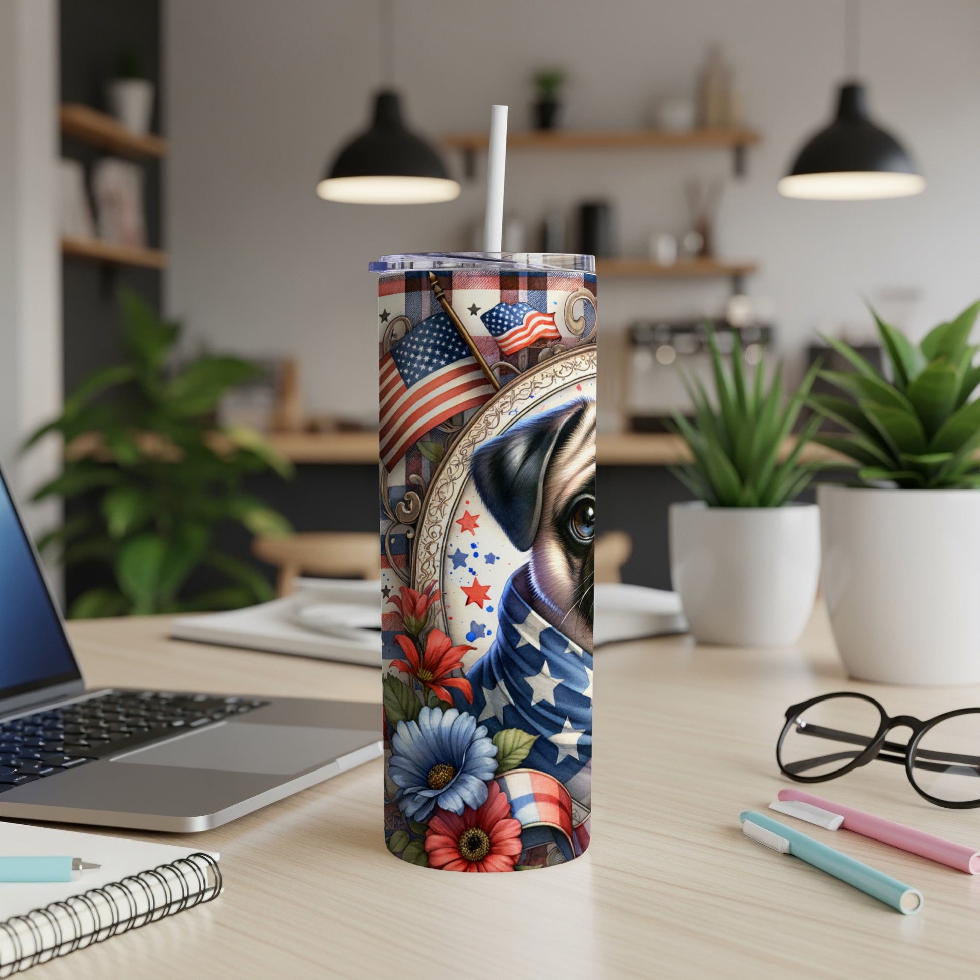 Patriotic pug wearing a bandana on a tumbler with flowers and stars.