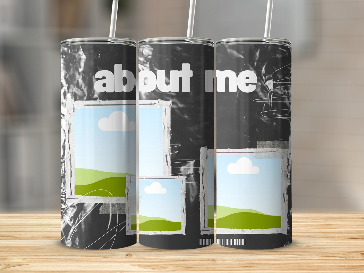 Three tumblers with "about me" text and collage of landscape images.