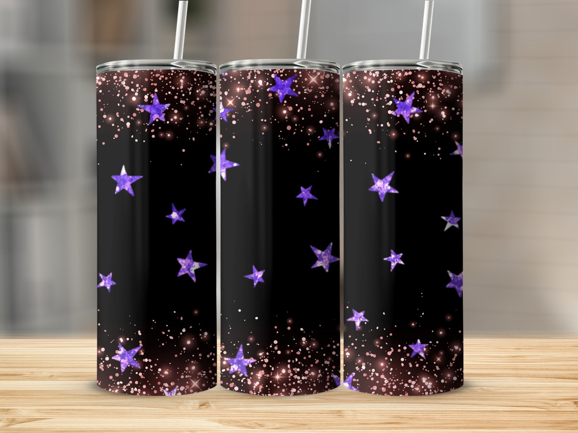 Sparkling Purple Stars on Black Tumbler Design
