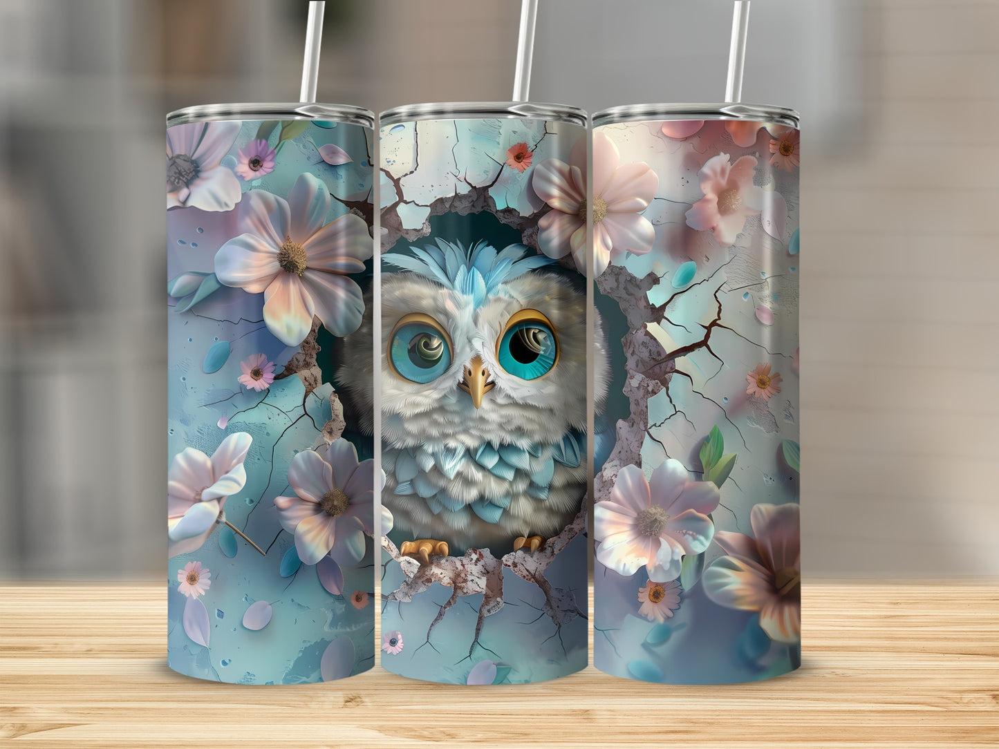 Three tumblers featuring a cute owl peeking through cracked blue walls with flowers.