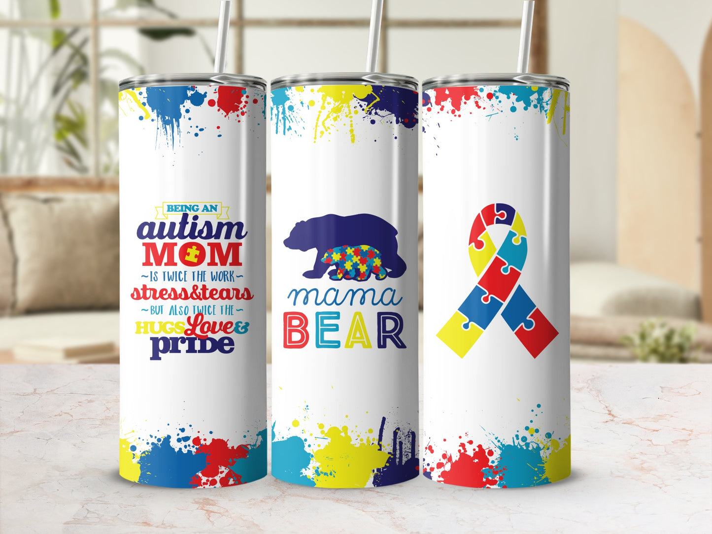 Autism Mom and Mama Bear tumblers with colorful paint splatters.