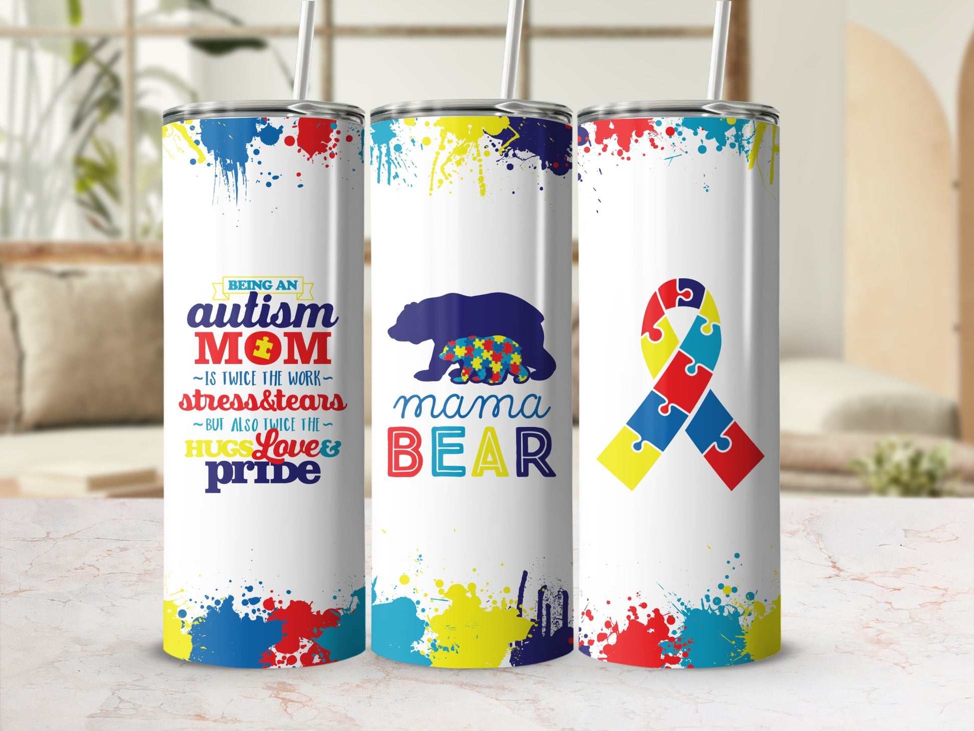 Autism Mom and Mama Bear tumblers with colorful paint splatters.