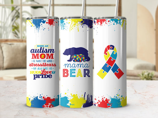 Autism Mom and Mama Bear tumblers with colorful paint splatters.