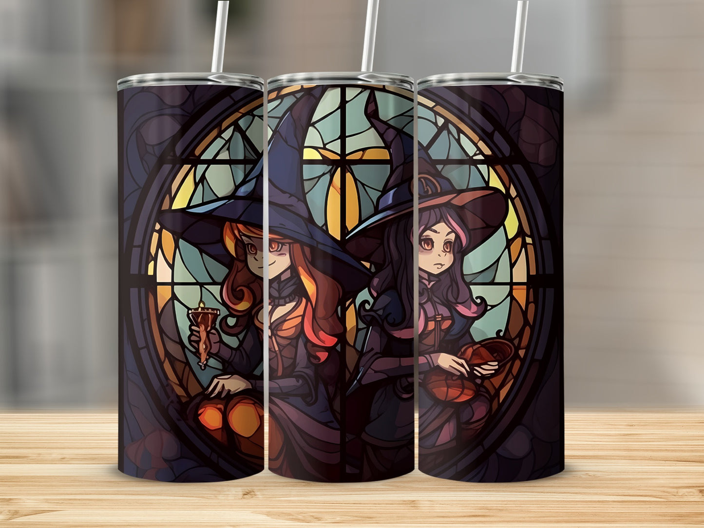 Two witches with stained glass windows behind them, holding pumpkins.