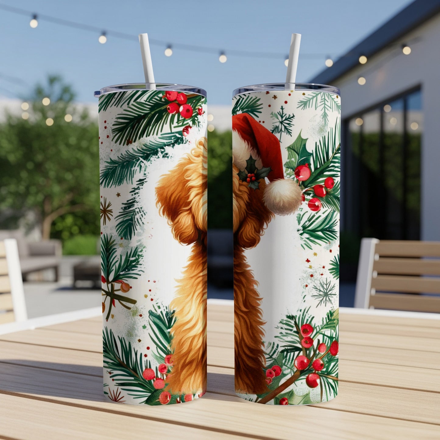 Two golden doodle dogs in Santa hats on a festive Christmas tumbler.