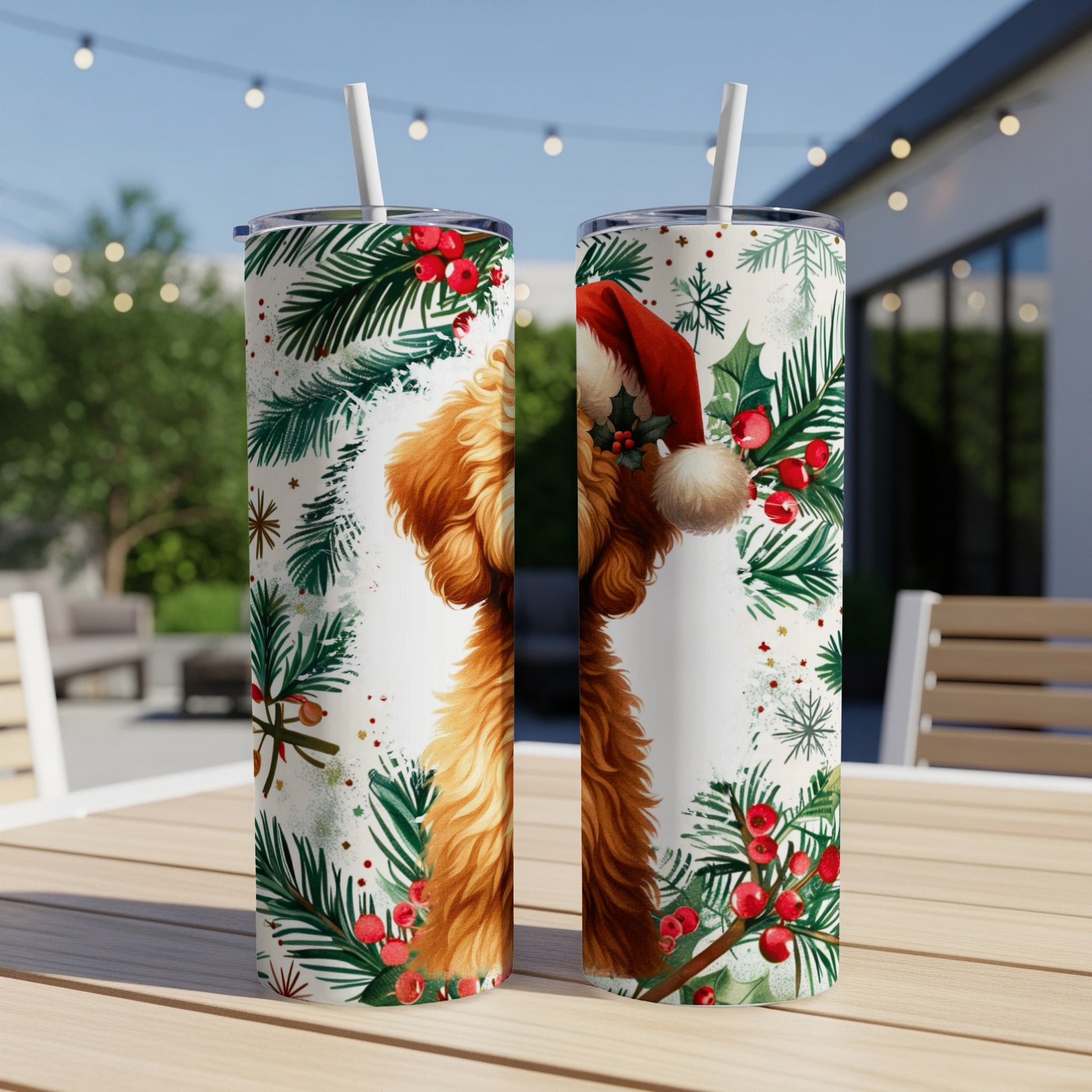 Two golden doodle dogs in Santa hats on a festive Christmas tumbler.