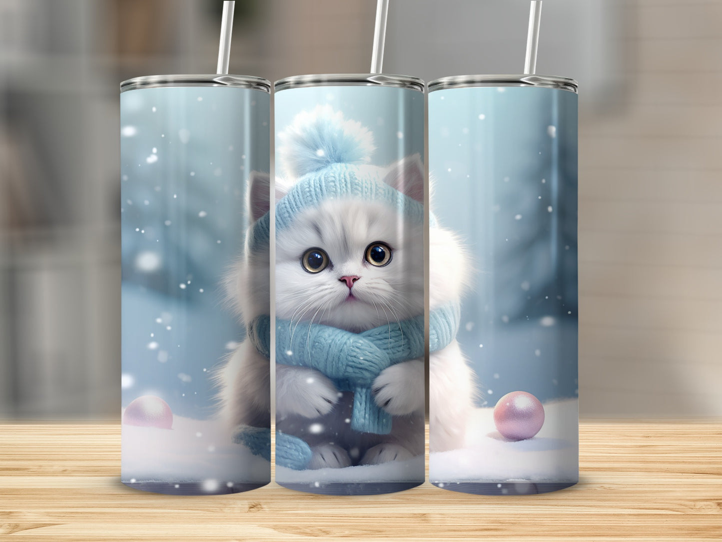 Adorable Cat in Blue Scarf Winter Tumbler