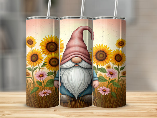 Gnome with sunflowers and pink flowers on a tumbler.