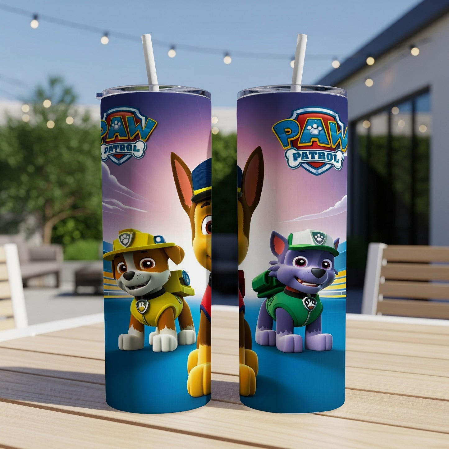 Paw Patrol characters Rubble and Chase on blue background with white straws.