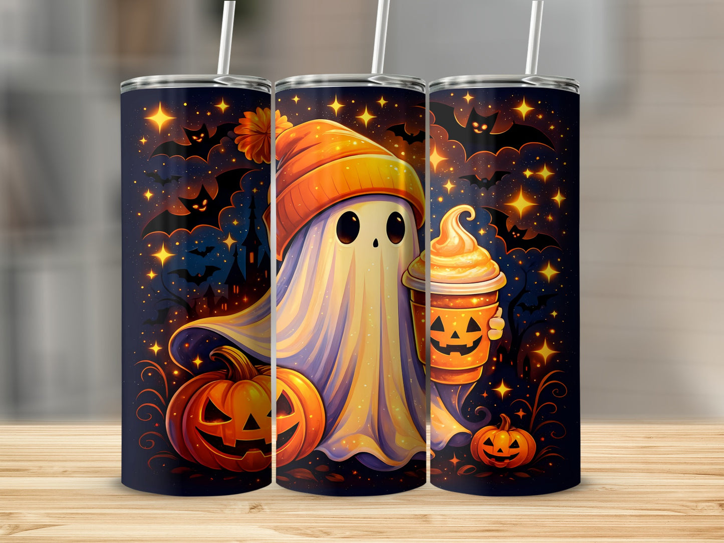 Ghost with pumpkin latte and pumpkins on starry Halloween night background.
