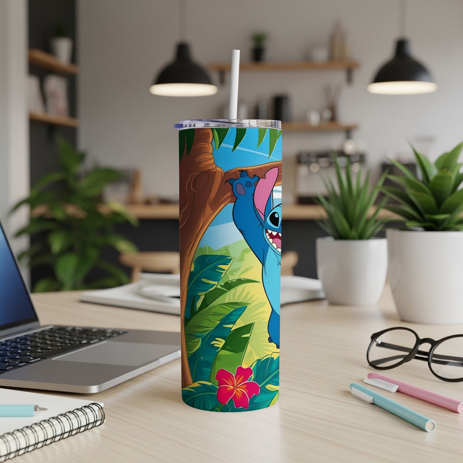 Stitch character on tropical jungle-themed tumbler with straw.