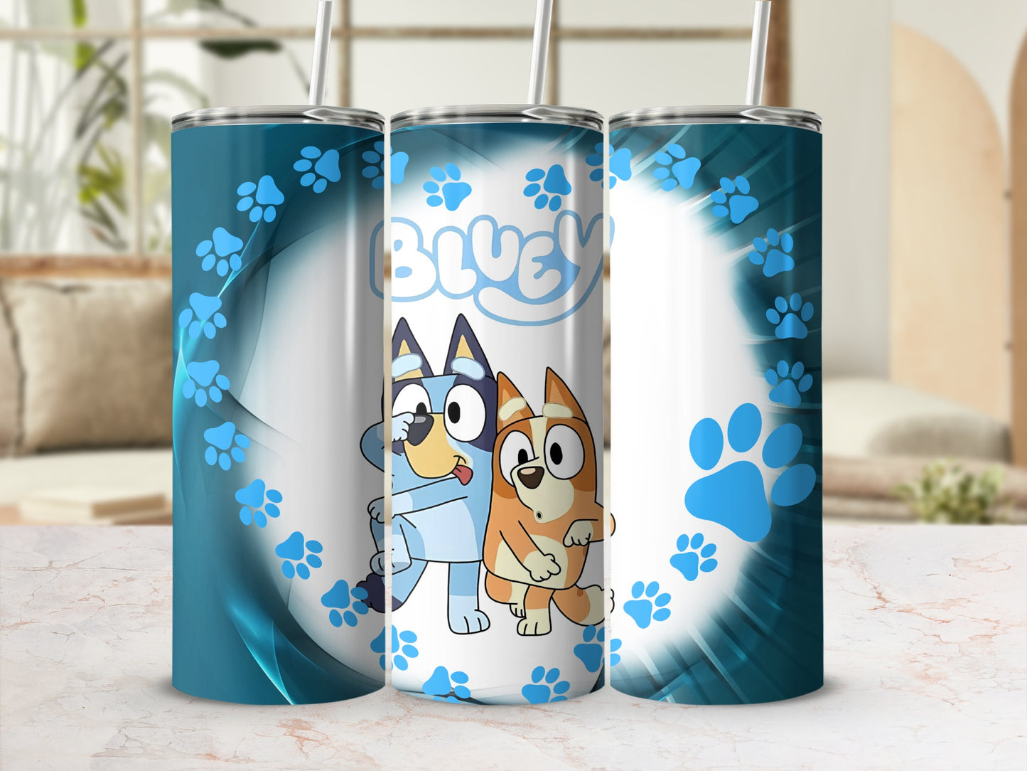 Bluey Cartoon Characters with Paw Prints Tumbler