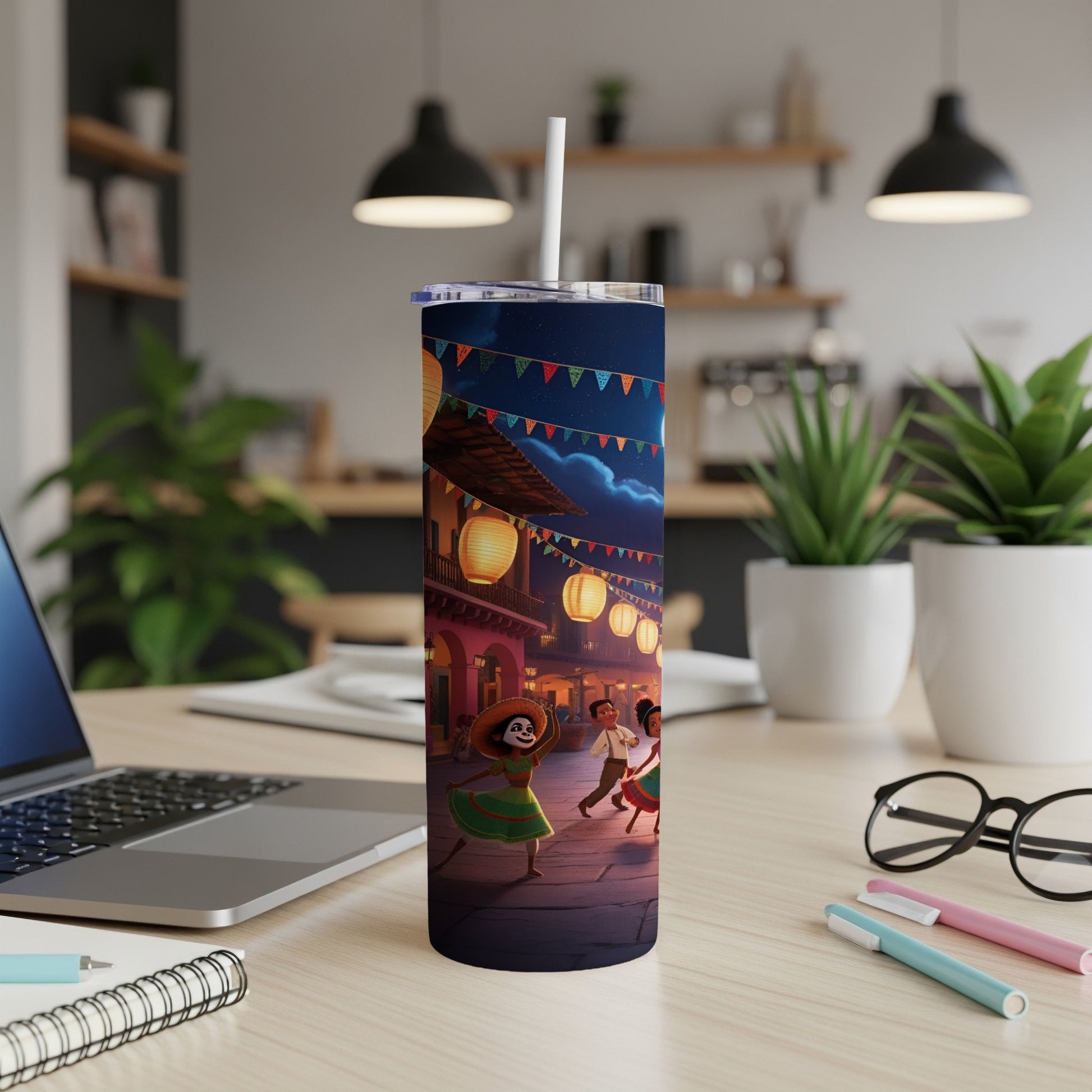 Tumbler with cartoon characters dancing at a festive outdoor market under string lights.