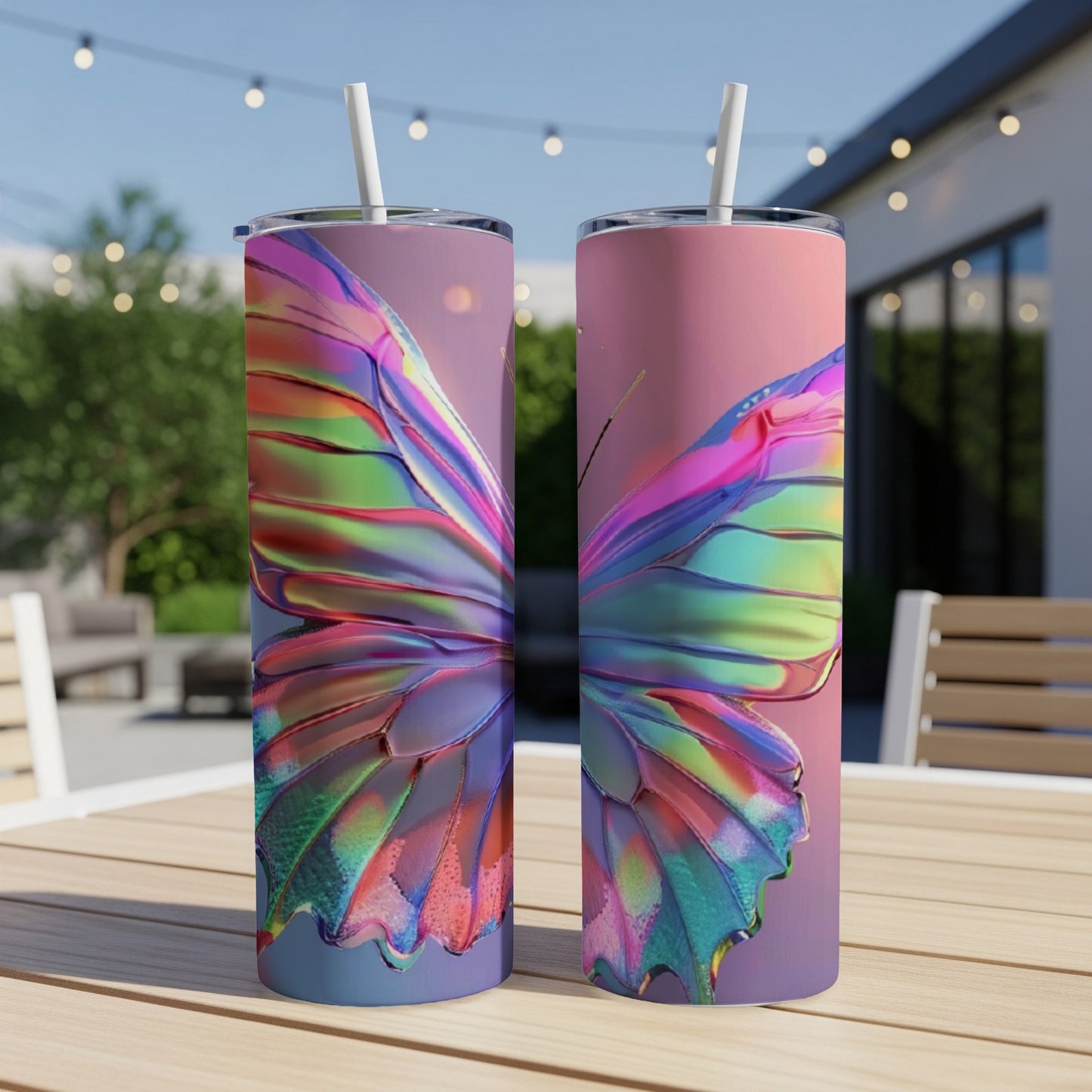 Two iridescent butterfly wing tumblers on a table outdoors.