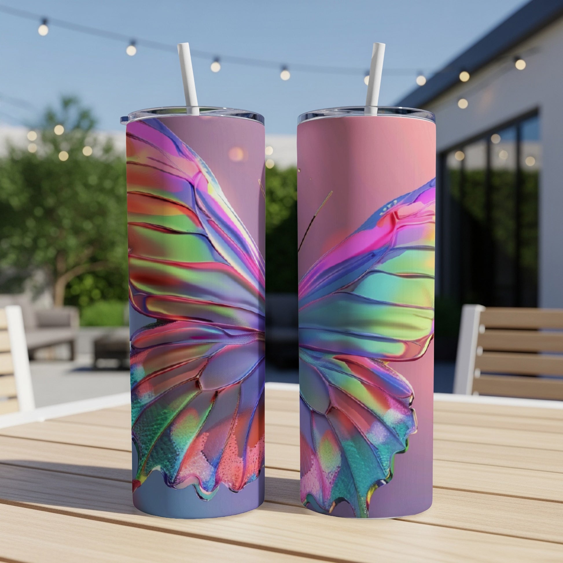 Two iridescent butterfly wing tumblers on a table outdoors.