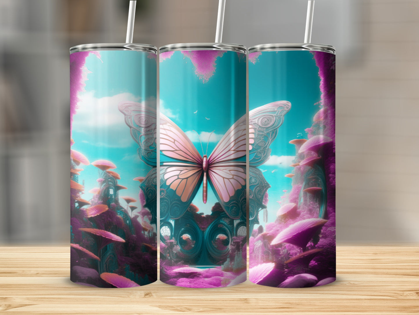Pink butterfly and fantasy flora on a seamless tumbler design.