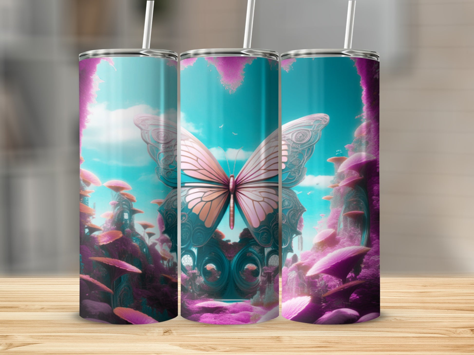Pink butterfly and fantasy flora on a seamless tumbler design.