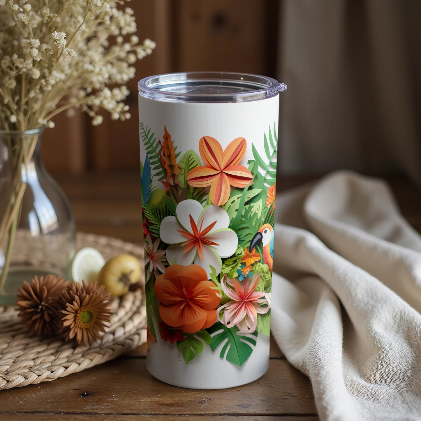 Vibrant Tropical Flower and Parrot Design Tumbler Product