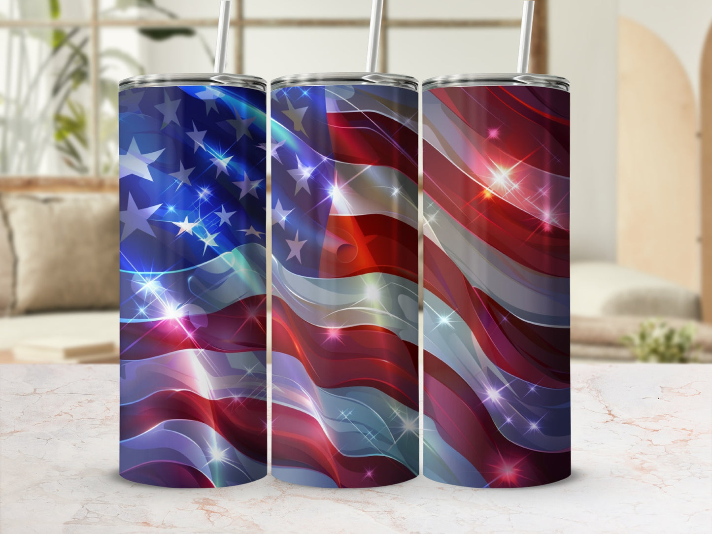 Three tumblers with American flag design and sparkling light effects.