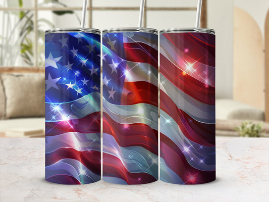 Three tumblers with American flag design and sparkling light effects.