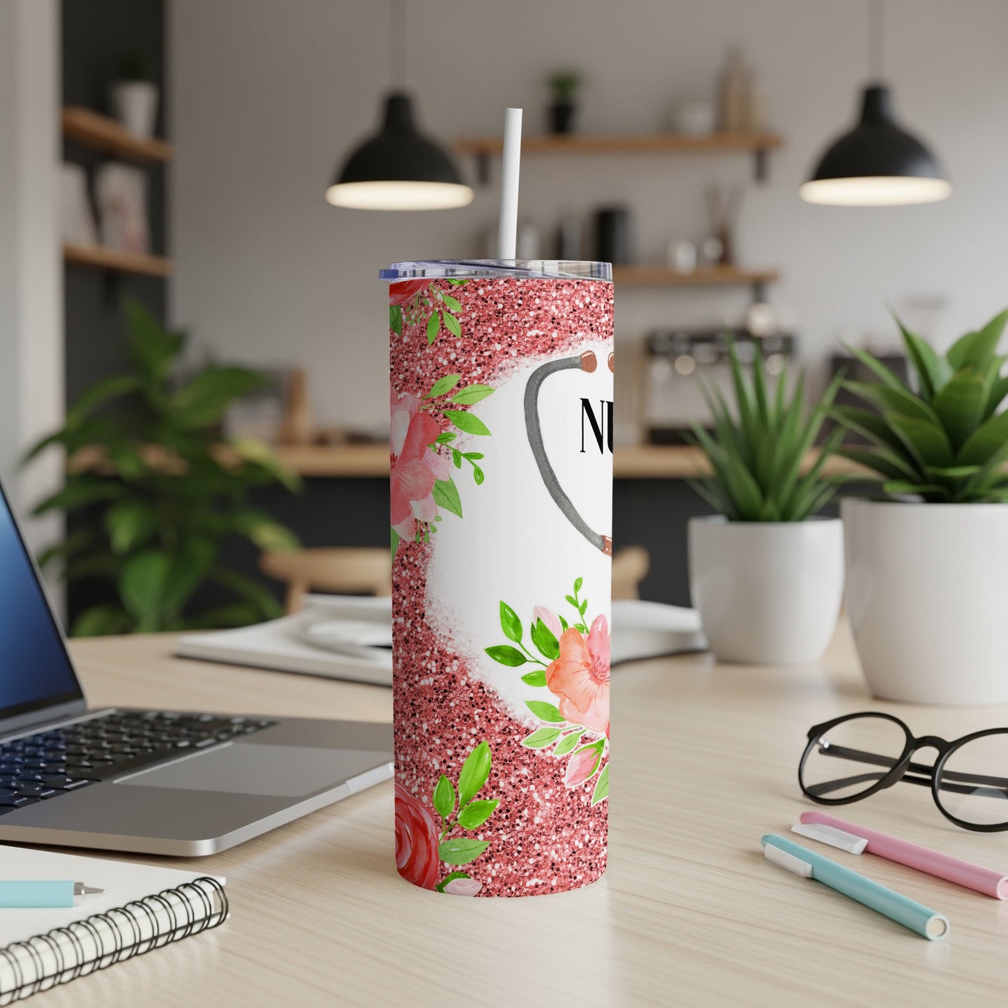 Glittery pink tumbler with floral accents and "Nurse" text.