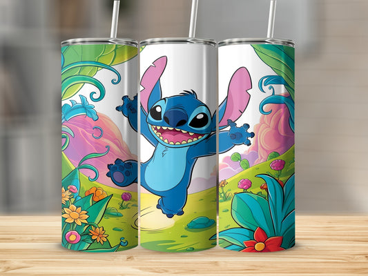 Stitch character on a colorful tumbler with green and pink foliage.