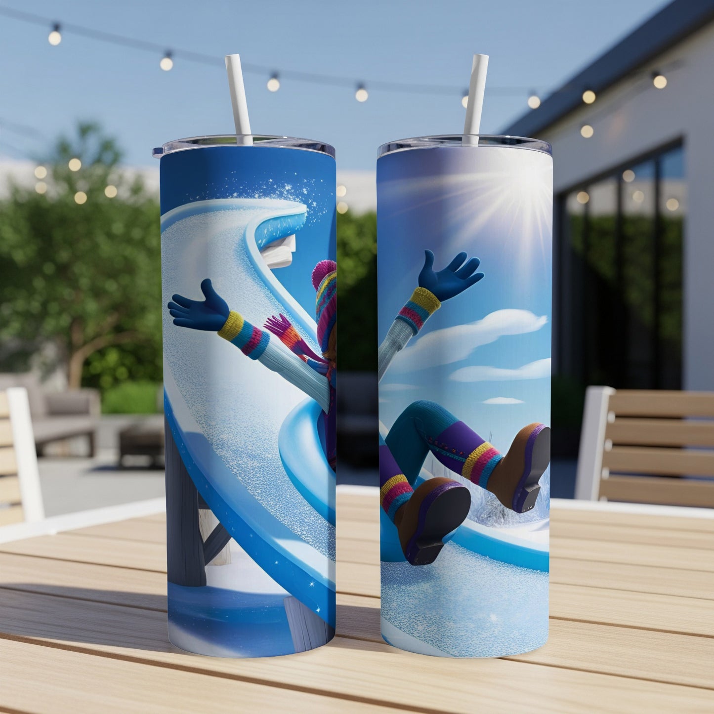 Two tumblers featuring a cartoon figure sliding down a snowy hill.
