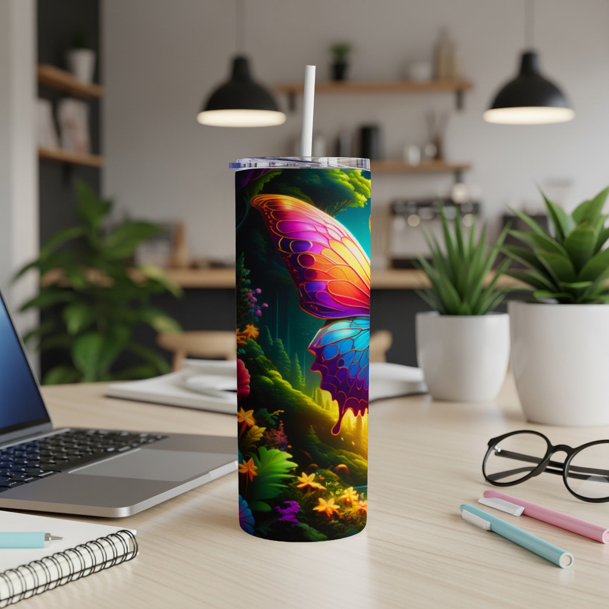 Colorful butterfly tumbler with floral accents on a wooden desk.