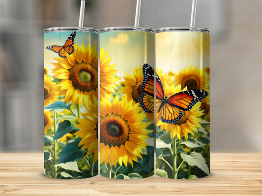 Sunflower and butterfly design on three tumblers.