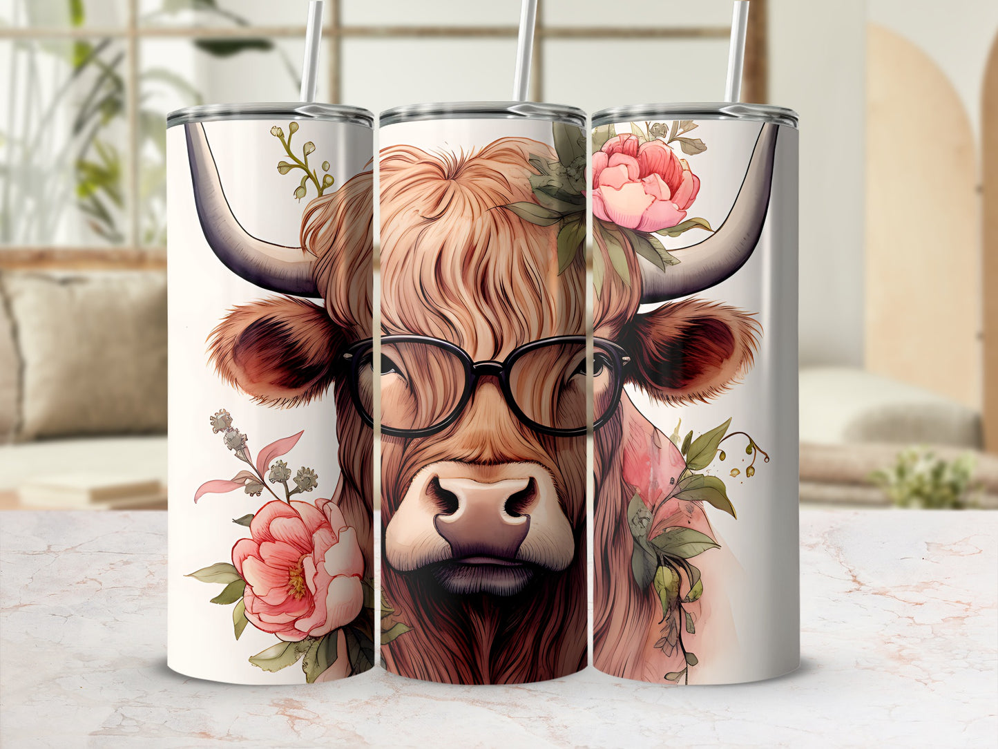 Highland cow wearing glasses with floral accents.