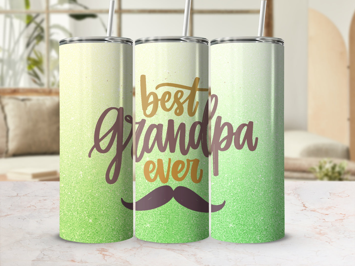 Glittery tumbler with "best Grandpa ever" text and a mustache.